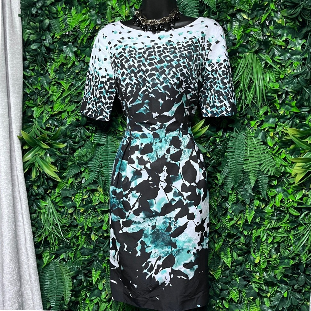 Brooks Brothers Dress 6‎ Abstract Floral Sheath Black Teal Italian Fabric 3916